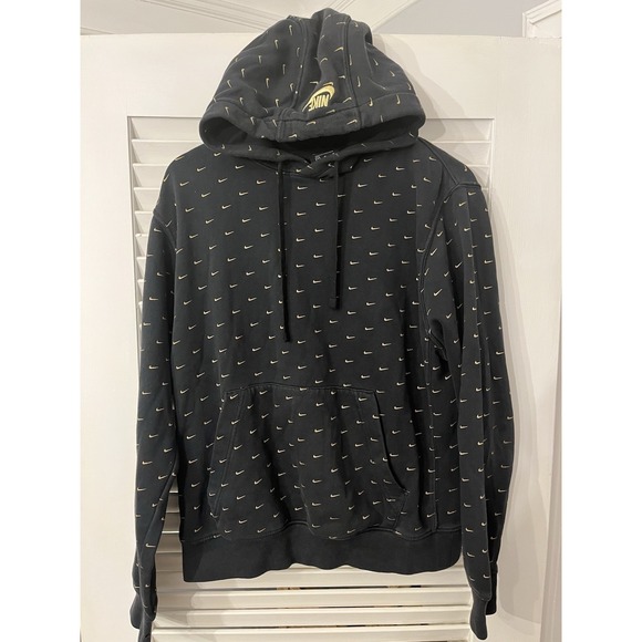 Nike Club Fleece Hoodie All Over Swoosh Print Sweatshirt Black Gold Mens Medium - Picture 2 of 6